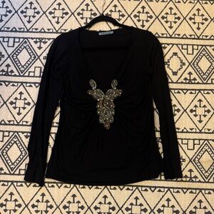 Velvet Black Long Sleeve Deep V-Neck Top with Jeweled Applique